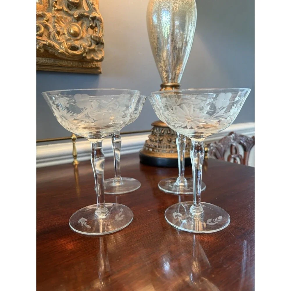 4 Vintage Optic Panel Champagne Coupes Tall Sherbet Glasses Etched Flowers